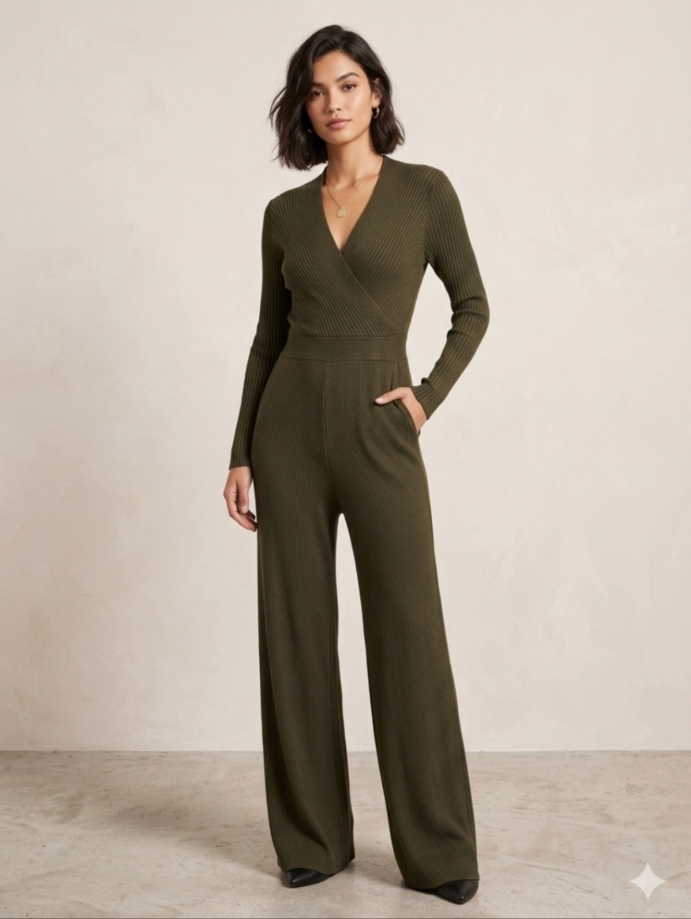 Green Bell Bottom Ribbed Long Sleeve Wide Leg  Romper - size Small like new